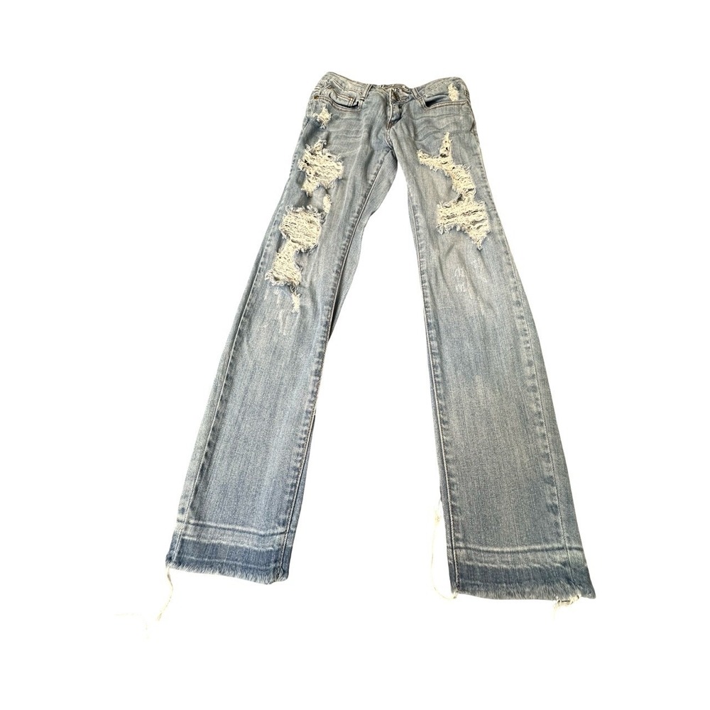 Machine Jeans Pants Womens 26 Blue Distressed Flare Low Rise Raw Hem Denim 015